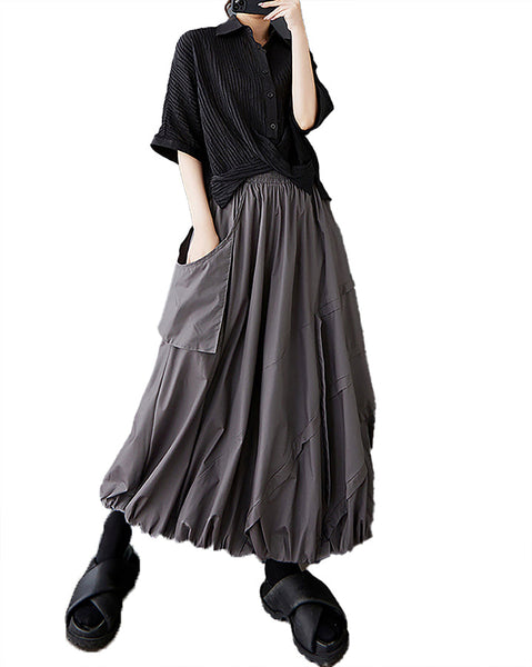 ellazhu Women's Skirt A-line Pleated Pocket Patchwork Puff Balloon Skirt GZ473 Black
