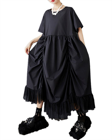 ellazhu Women's Dress Crewneck Short Sleeve Flowy Hem Patchwork Pleated Tulle Pocket GZ475 Black