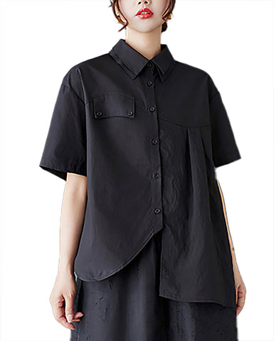 ellazhu Women's Shirt Lapel Short Sleeve Button Down Solid Color Irregular Hem Asymmetrical Cut GZ479 Black