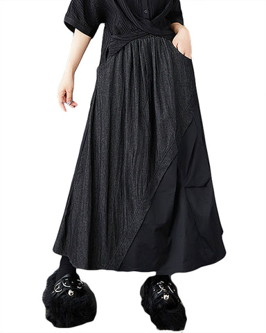 ellazhu Women's Skirt A-line Elastic High Waist Denim Patchwork Flowy Hem with Pocket GZ481 Black