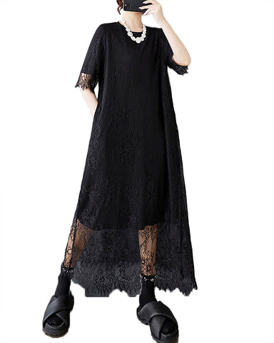 ellazhu Women's Dress Crewneck Short Sleeve Flowy Hem Patchwork Lace Floral with Pocket GZ482 Black