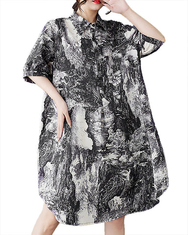 ellazhu Women's Dress Lapel Short Sleeve Pattern Flowy Hem Button Shirt Dresses with Pocket GZ483 Black