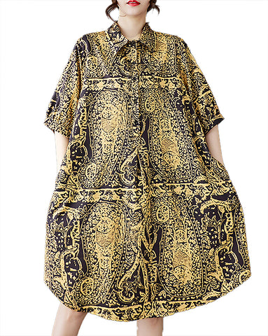 ellazhu Women's Dress Lapel Short Sleeve Pattern Flowy Hem Button Shirt Dresses with Pocket GZ484 Yellow
