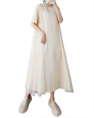ellazhu Women's Dress Crewneck Short Sleeve Flowy Hem Patchwork Lace Floral Solid GZ485 Apricot