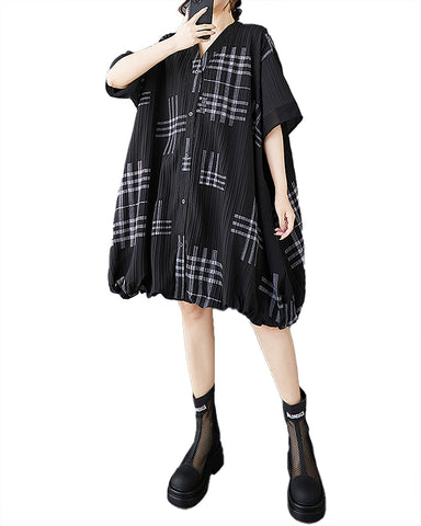 ellazhu Women's Dress V-Neck Short Sleeve Checkered Patchwork Button Down Shirt Dresses with Pocket GZ486 Black
