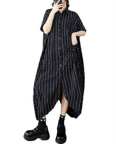 ellazhu Women's Dress Lapel Short Sleeve Irregular Hem Button Down Stripe with Pocket GZ487 Black
