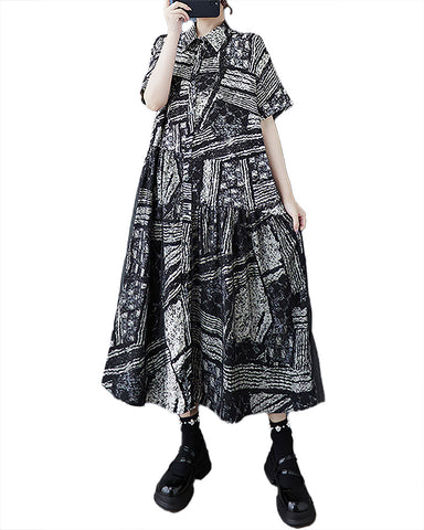 ellazhu Women's Dress Lapel Short Sleeve Tulle Patchwork Button Down Pattern Shirt Dress GZ488 Black