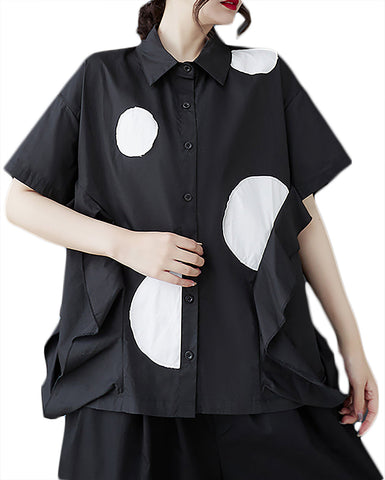 ellazhu Women's Shirt Lapel Short Sleeve Button Down Polka Dot Ruffle Boho GZ489 Black