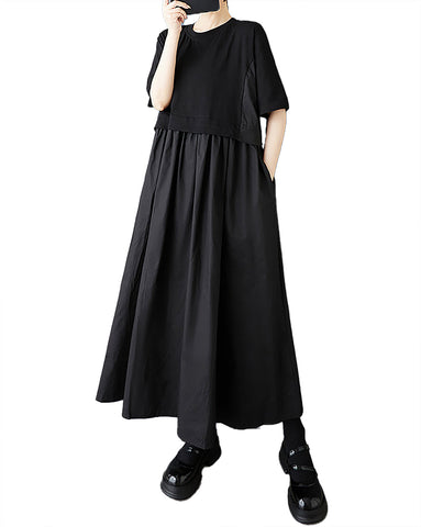 ellazhu Women's Dress Crewneck Short Sleeve A-line Solid Color Patchwork with Pocket GZ491 Black