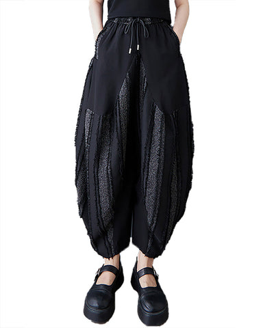 ellazhu Women's Pants Irregular Stripe Contrast Color Patchwork Elastic Wasit Harem Pant with Pocket GZ492 Black