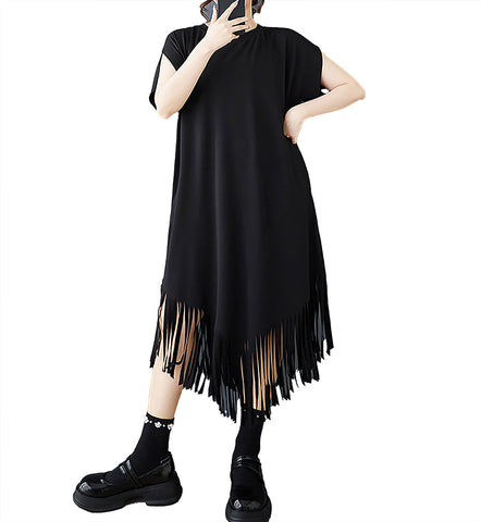 ellazhu Women's Dress Crewneck Short Sleeve Dark Style Irregular Flowy Tassel Hem Solid GZ494 Black