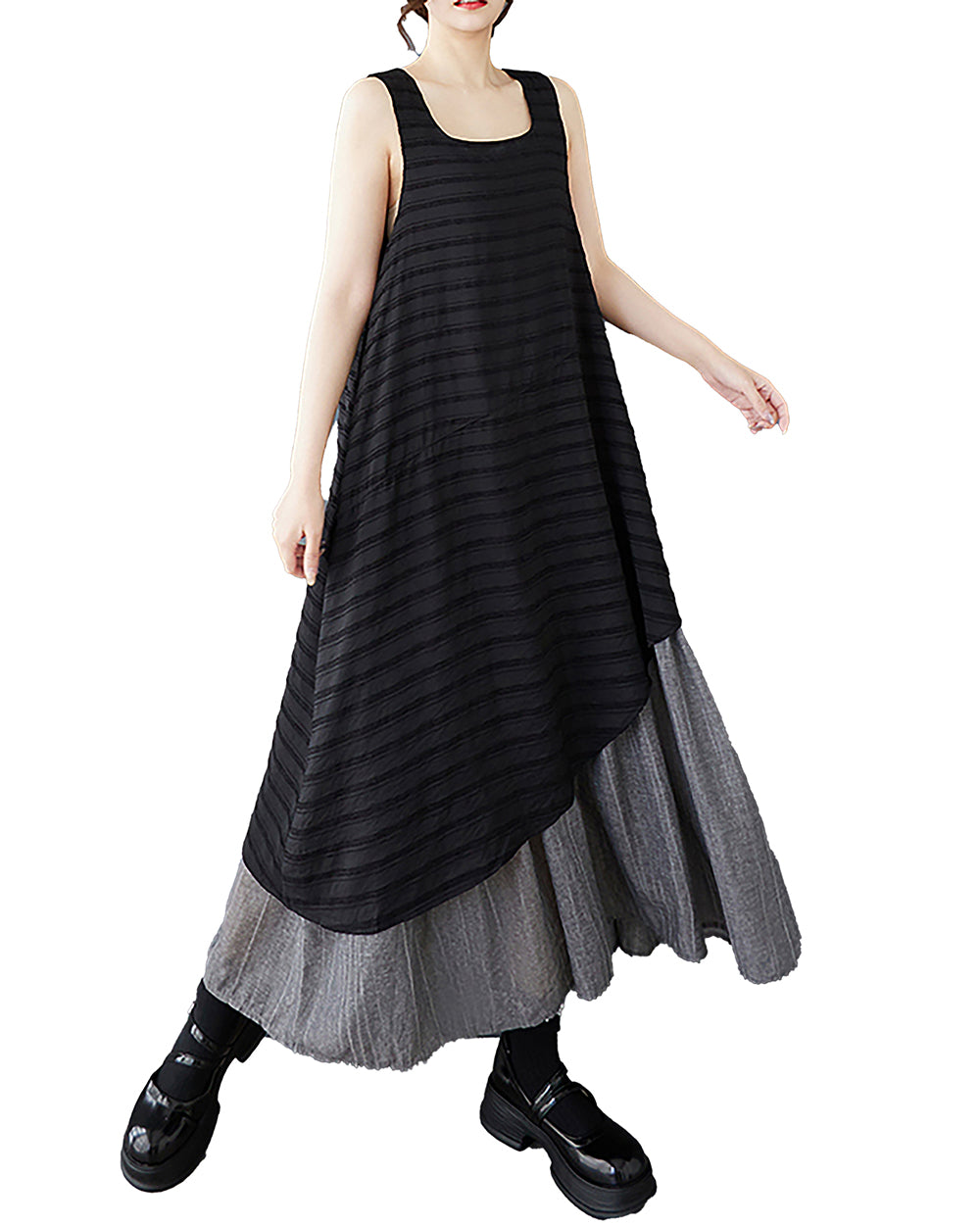 ellazhu Women's Dress Squareneck Sleeveless Irregular Hem Stripe Patchwork Vest Dress GZ496 Black