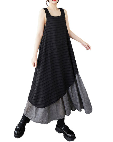 ellazhu Women's Dress Squareneck Sleeveless Irregular Hem Stripe Patchwork Vest Dress GZ496 Black