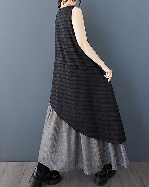 ellazhu Women's Dress Squareneck Sleeveless Irregular Hem Stripe Patchwork Vest Dress GZ496 Black
