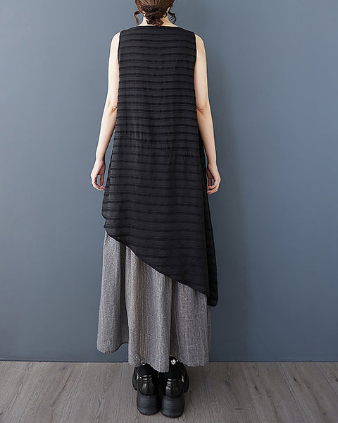 ellazhu Women's Dress Squareneck Sleeveless Irregular Hem Stripe Patchwork Vest Dress GZ496 Black