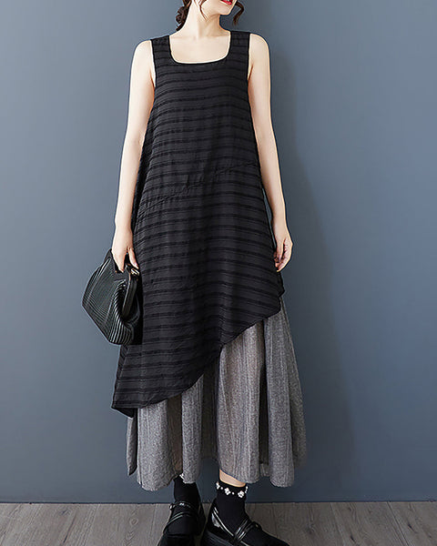 ellazhu Women's Dress Squareneck Sleeveless Irregular Hem Stripe Patchwork Vest Dress GZ496 Black