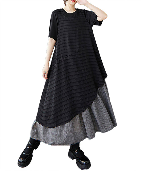 ellazhu Women's Dress Squareneck Sleeveless Irregular Hem Stripe Patchwork Vest Dress GZ496 Black
