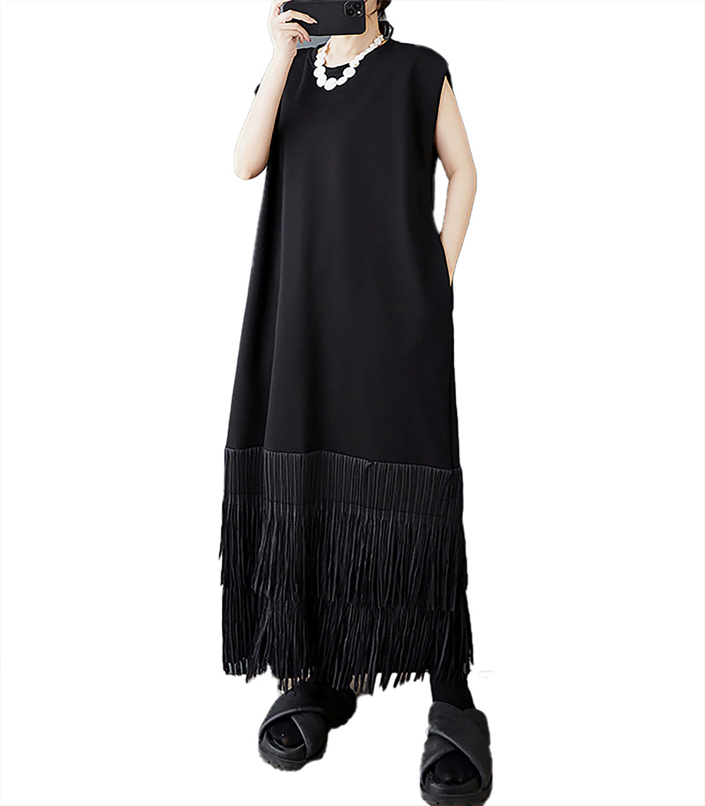 ellazhu Women's Dress Crewneck Sleeveless Patchwork Flowy Tassel Hem with Pocket GZ497 Black
