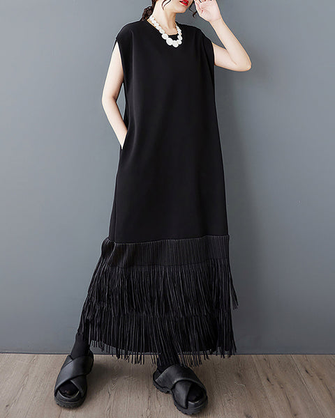 ellazhu Women's Dress Crewneck Sleeveless Patchwork Flowy Tassel Hem with Pocket GZ497 Black
