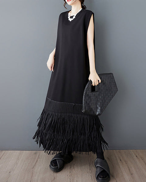 ellazhu Women's Dress Crewneck Sleeveless Patchwork Flowy Tassel Hem with Pocket GZ497 Black