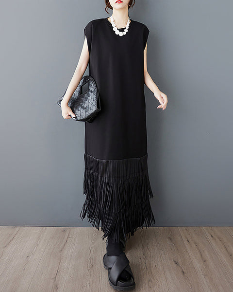 ellazhu Women's Dress Crewneck Sleeveless Patchwork Flowy Tassel Hem with Pocket GZ497 Black