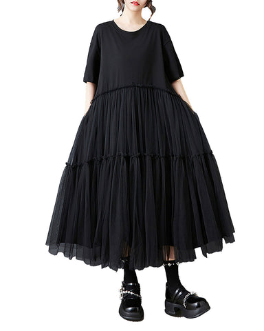 ellazhu Women's Dress Crewneck Short Sleeve Flowy Tulle Hem Patchwork Solid Pocket GZ498 Black