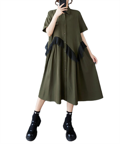 ellazhu Women's Dress Lapel Short Sleeve Tulle Patchwork Button Down Ruffles Shirt Dress GZ500 Army Green