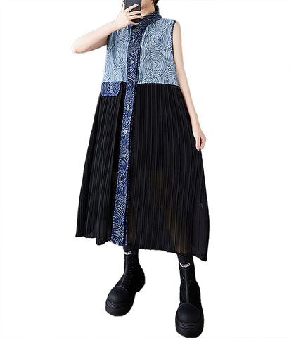 ellazhu Women's Dress Lapel Sleeveless Pleats Patchwork Button Down with Pocket GZ501 Blue