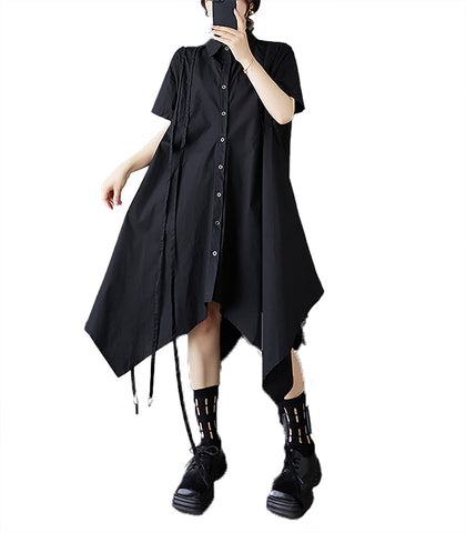 ellazhu Women's Dress Lapel Short Sleeve Irregular Hem Button Down Drawstring Shirt Dress GZ503 Black