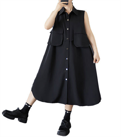 ellazhu Women's Dress Lapel Sleeveless Button Down Patchwork Multiple Pockets Vest Dress GZ504 Black