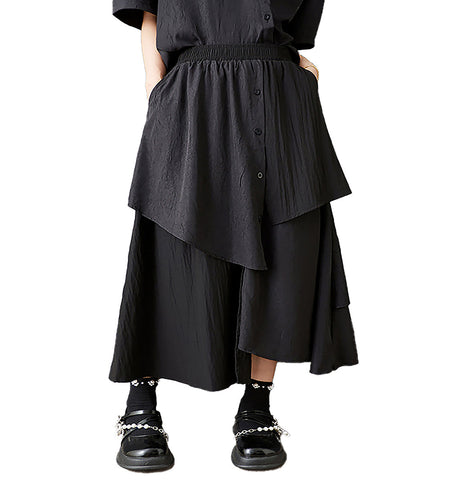 ellazhu Women's Skirt Patchwork Elastic Waist Loose Solid Flowy Irregular Hem with Pocket GZ505 Black
