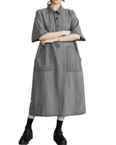 ellazhu Women's Dress Lapel Short Sleeve Patchwork Button Down Big Pocket Split Denim Dress GZ507 Gery Grey