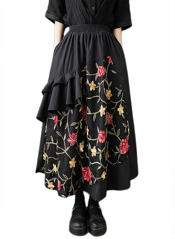 ellazhu Women's Pants Patchwork Elastic Waist Ruffle Printing Flowy Hem with Pocket GZ508 Black