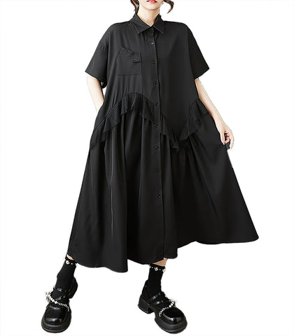 ellazhu Women's Dress Lapel Short Sleeve Tulle Patchwork Button Down Flowy Hem with Pocket GZ509 Black