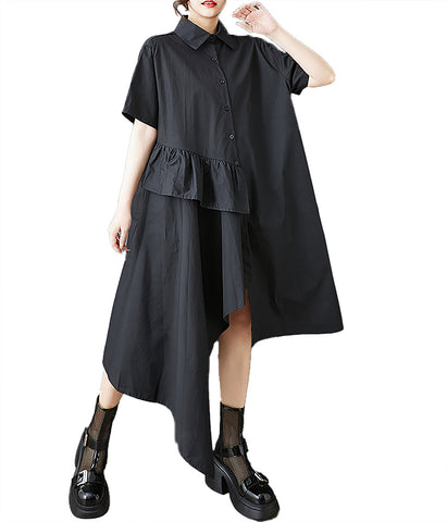 ellazhu Women's Dress Lapel Short Sleeve Patchwork Button Down Irregular Flowy Hem GZ510 Black