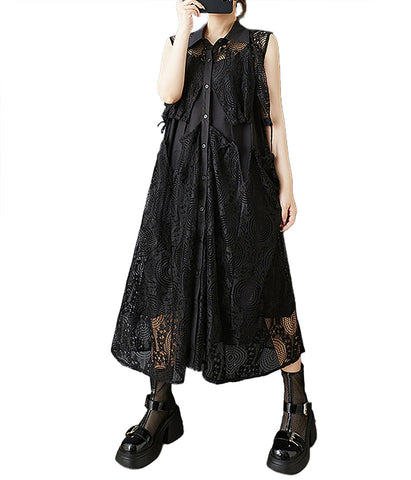 ellazhu Women's Dress Lapel Sleeveless Button Down Lace Patchwork Swim Cover Up No Lining GZ511 Black