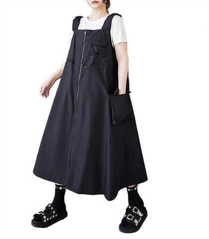 ellazhu Women's Dress Squareneck Sleeveless Zip Up Big Pocket Waist Drawstring Strap Dress GZ512 Black