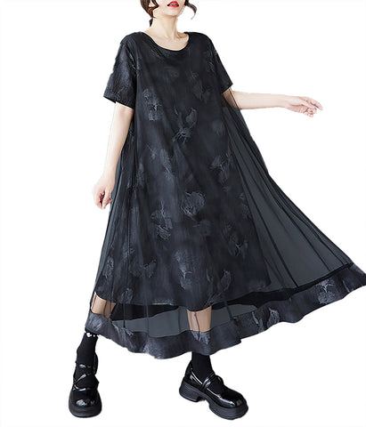ellazhu Women's Dress Crewneck Short Sleeve Floral Printing Tulle Patchwork Flowy Hem GZ513 Black