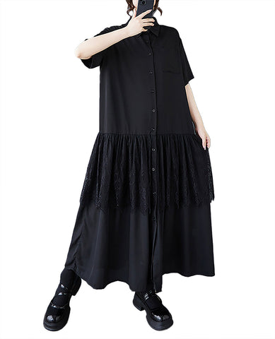 ellazhu Women's Dress Lapel Short Sleeve Lace Patchwork Button Down Flowy Hem with Pocket GZ514 Black