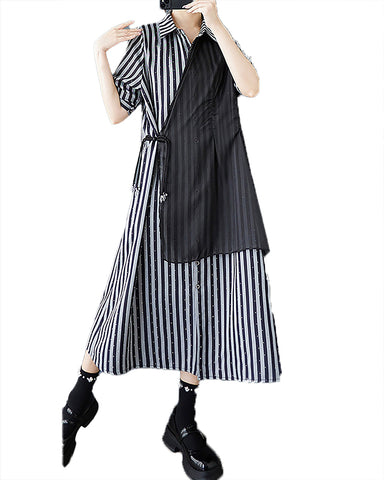 ellazhu Women's Shirt Dress Lapel Striped Short Sleeve Button Down Flowy Hem Casual Loose GZ516