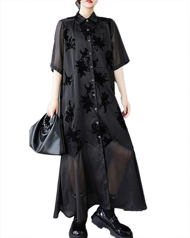 ellazhu Women's Shirt Dress Lapel Patchwork Short Sleeve Button Casual Loose Flowy Hem GZ517