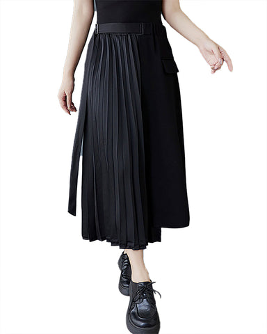 ellazhu Women's Skirt Solid Belt High Waist Huffle Casual GZ518 Black