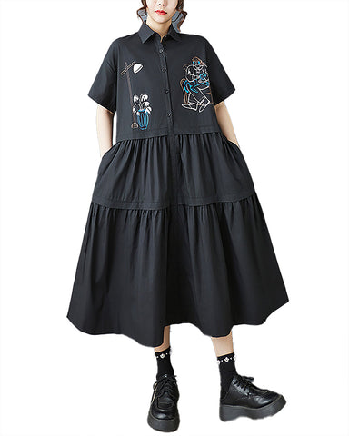 ellazhu Women's Shirt Dress Lapel Short Sleeve Button Down Two Side Pockets Flowy Hem Casual Loose GZ519 Black