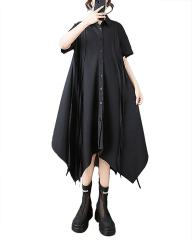 ellazhu Women's Dress Lapel Short Sleeve Button Down Two Side Pockets Solid High Low Hem GZ520 Black