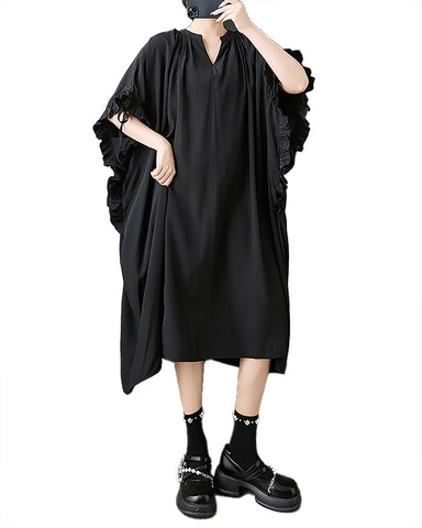 ellazhu Women's Dress V-Neck Solid Batwing Sleeve Flowy Hem Casual Loose GZ522 Black