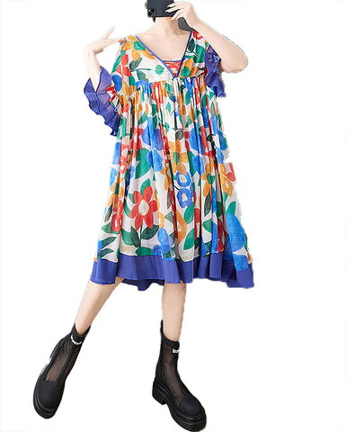 ellazhu Women's Dress V-Neck Ruffle Short Sleeve Multicolor Flowy Hem Casual Fashion GZ524