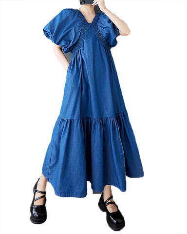 ellazhu Women's Dress V-Neck Solid Short Bubble Sleeve Ruffle Hem Casual Maxi GZ525 Blue