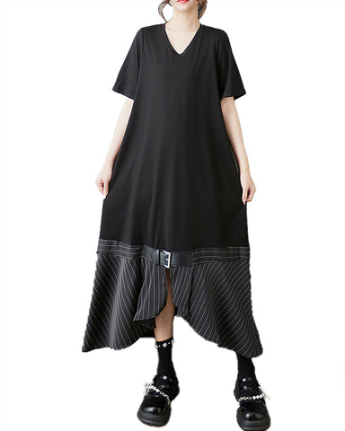 ellazhu Women's Dress Patchwork Drawstring Short Sleeve V-Neck Two Side Pockets Belt Plus Size Irregular Hem GZ538