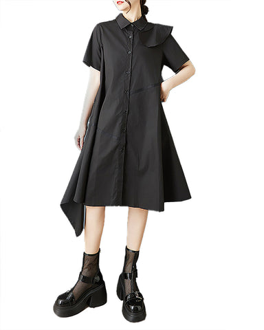 ellazhu Women's Dress Lapel Solid Flounce Short Sleeve Button Down Irregulr Hem Plus Size Casual Fashion GZ539 Black