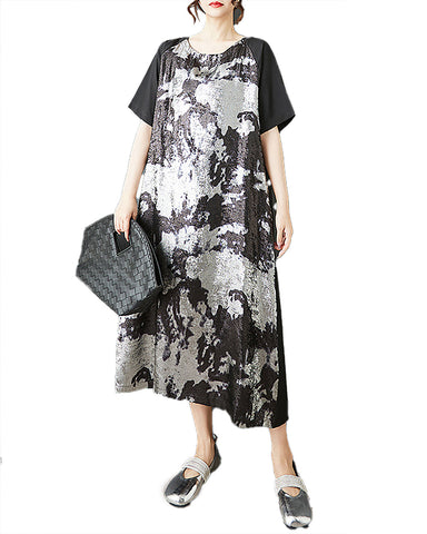 ellazhu Women's Dress Crewneck Short Sleeve Patchwork Tie-Dye Casual Fashion Flowy Hem Medi GZ540 Black
